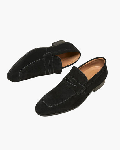 Noir et Blanc Suede Penny Loafers